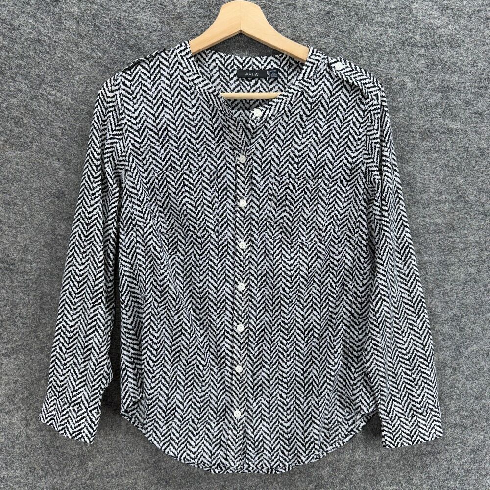 Apt. 9 Shirt Women PM Petite Black Geometric Button Up Long Sleeve Crew Neck